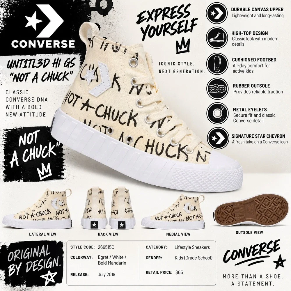 Converse UNT1TL3D Hi GS Not A Chuck Kids US 5 Egret White High Top Shoes 266515C